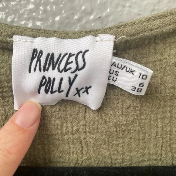 Princess Polly - Army Green, Light Front Tie, Crop Top, 100% Cotton, Size 6 - Picture 3 of 7